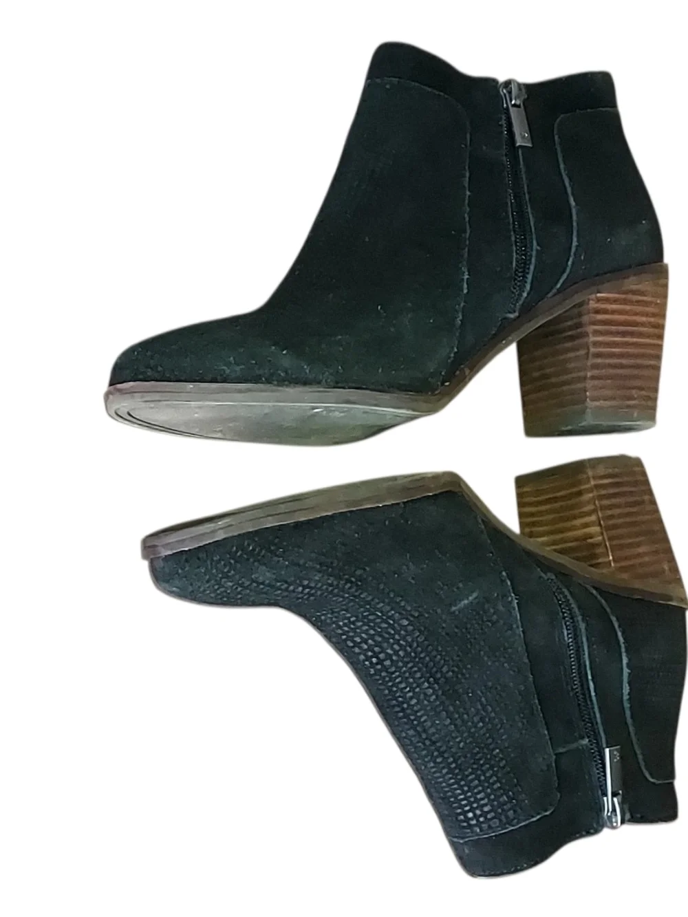 Lucky Brand Black Suede Perforated Ankle Booties with Brown Stacked Heel